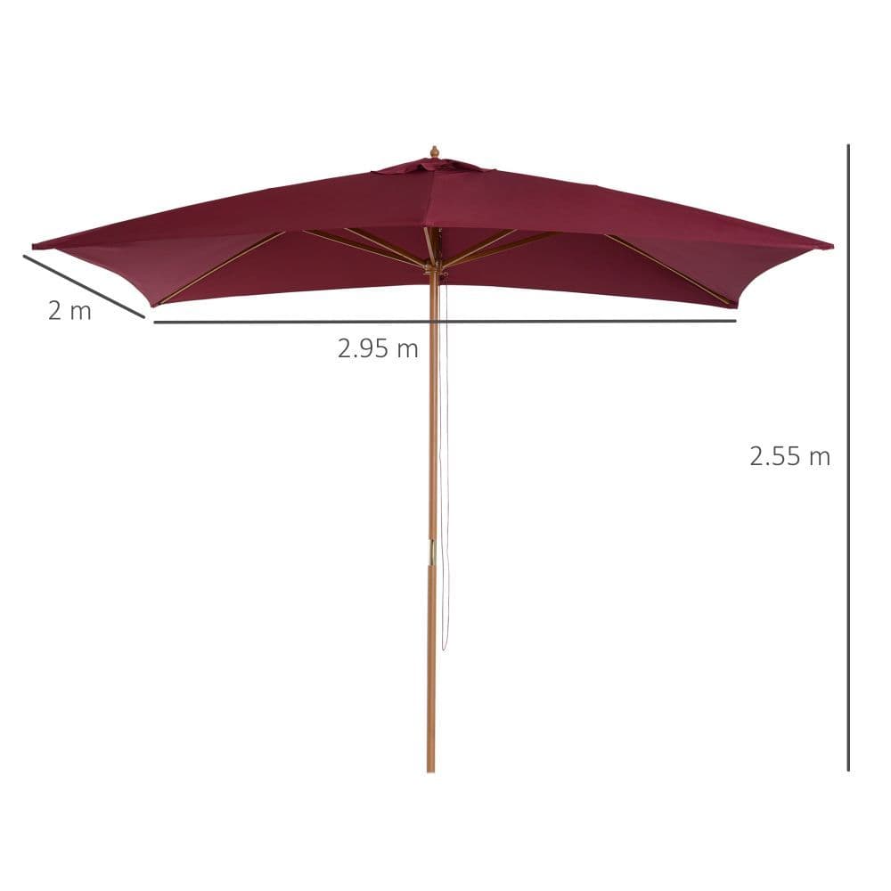 image-3mx2m Wood Square Parasol Sun Shade Garden Outdoor Umbrella Canopy Wine Red