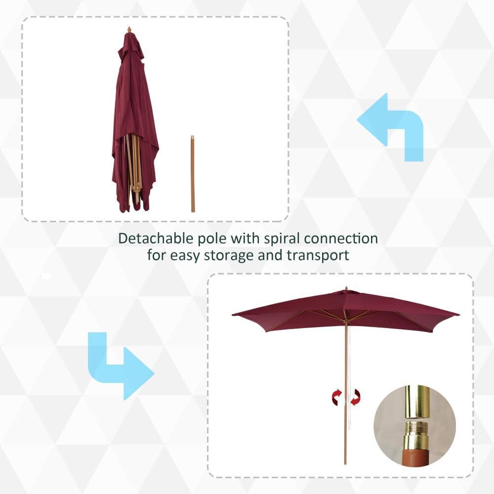 image-3mx2m Wood Square Parasol Sun Shade Garden Outdoor Umbrella Canopy Wine Red