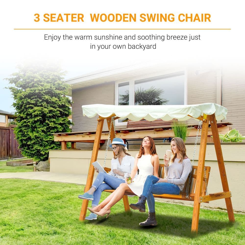 image-3-Seater Wooden Garden Swing Chair Seat Bench-Cream