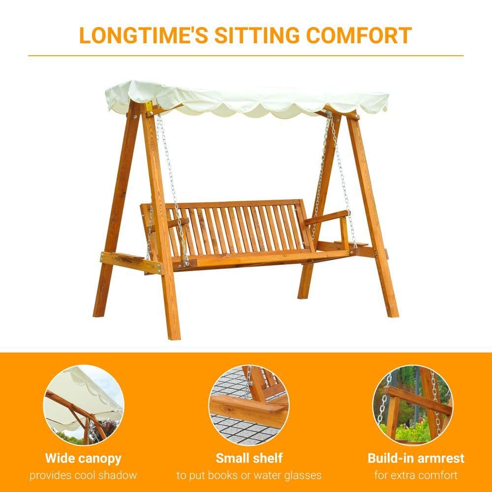 image-3-Seater Wooden Garden Swing Chair Seat Bench-Cream