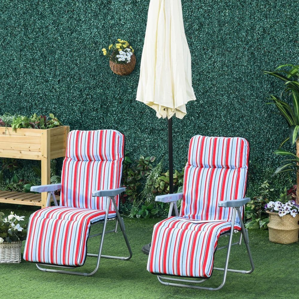 image-Set of 2 Adjustable Sun Lounger Recliner Reclining Seat Red and White