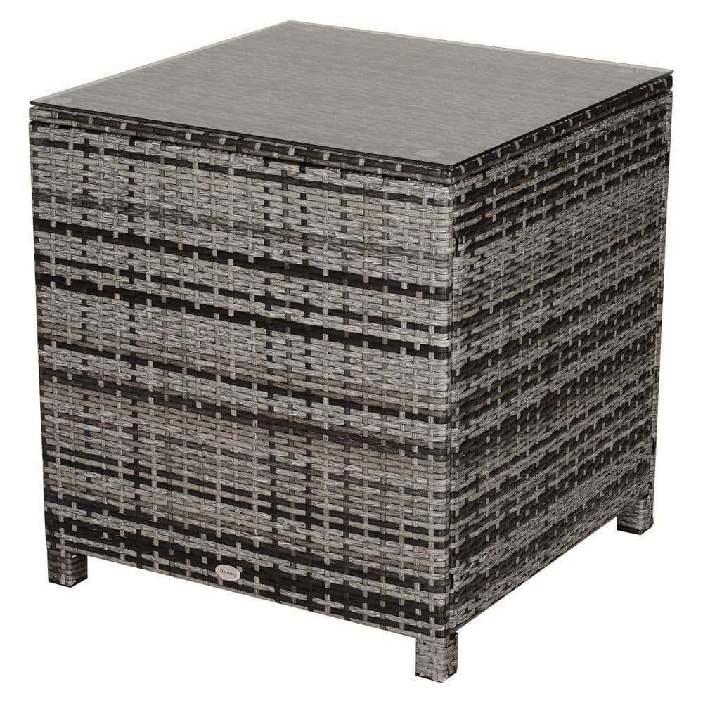 image-Tempered Glass Top Outdoor Garden Rattan Side Table Grey