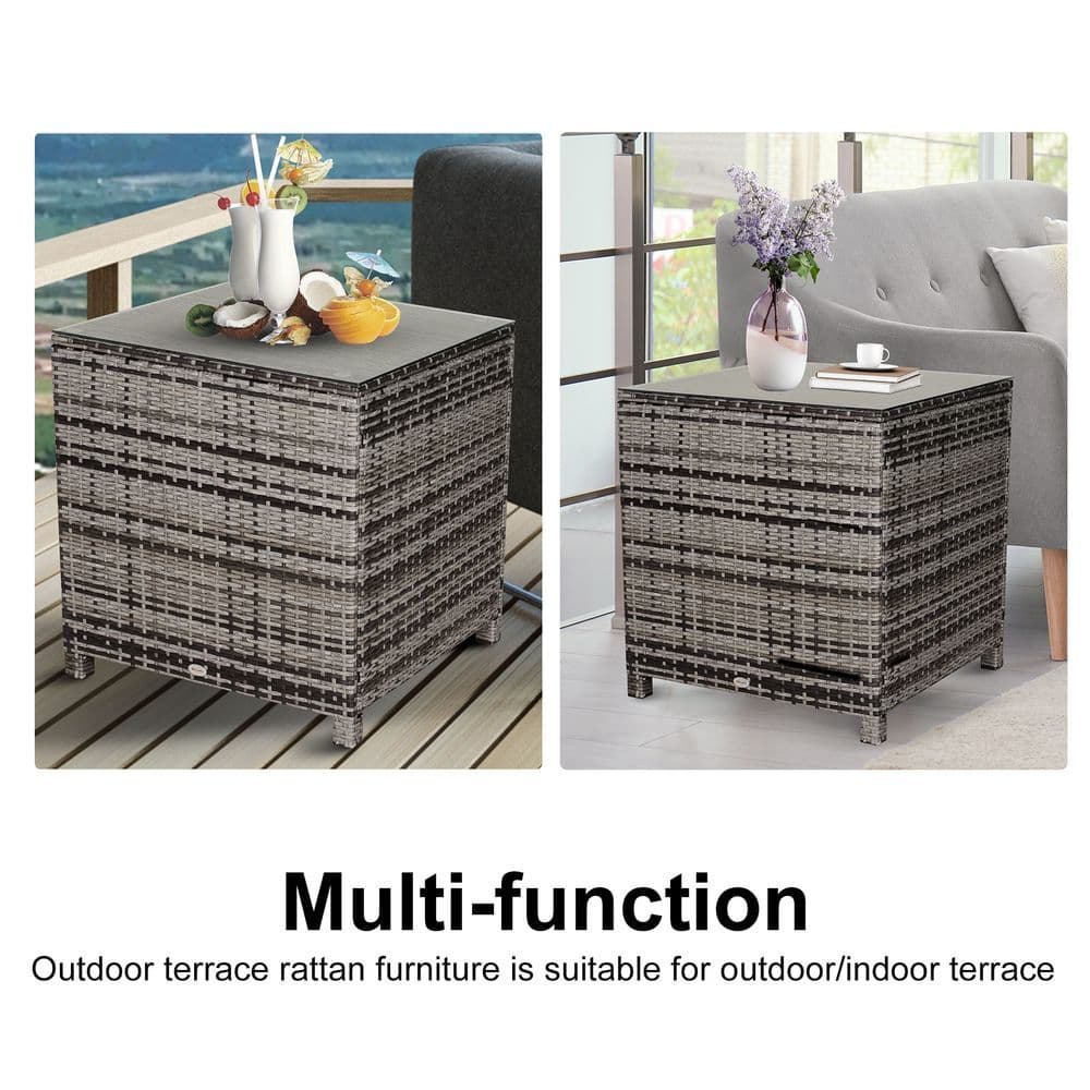image-Tempered Glass Top Outdoor Garden Rattan Side Table Grey