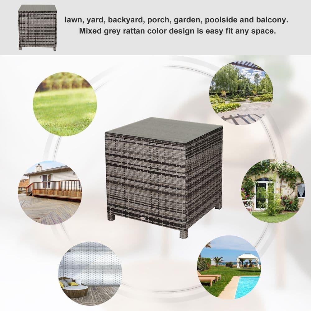 image-Tempered Glass Top Outdoor Garden Rattan Side Table Grey