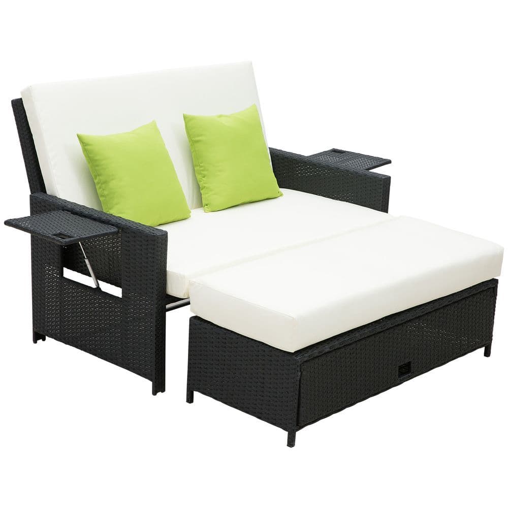image-Rattan 2-Seater Sofa Sun Lounger Bed-Black