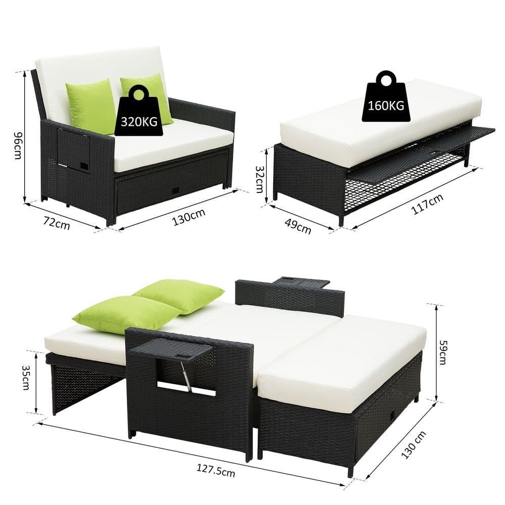 image-Rattan 2-Seater Sofa Sun Lounger Bed-Black