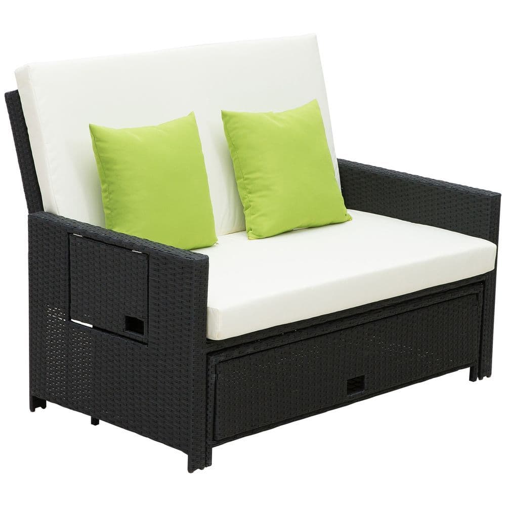 image-Rattan 2-Seater Sofa Sun Lounger Bed-Black