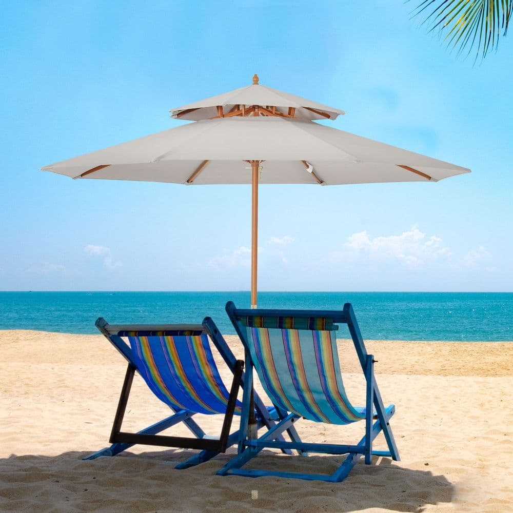 image-2.7 m Double Tier Garden Sun Umbrella Sunshade Wooden Parasol Shade Canopy
