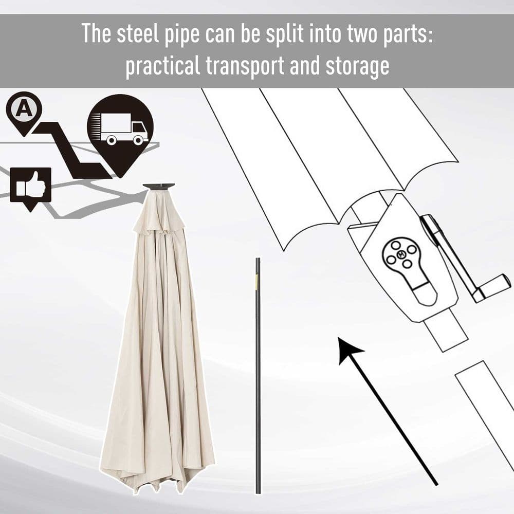 image-Garden Parasol Outdoor Tilt Sun Umbrella LED Light Hand Crank Off-white
