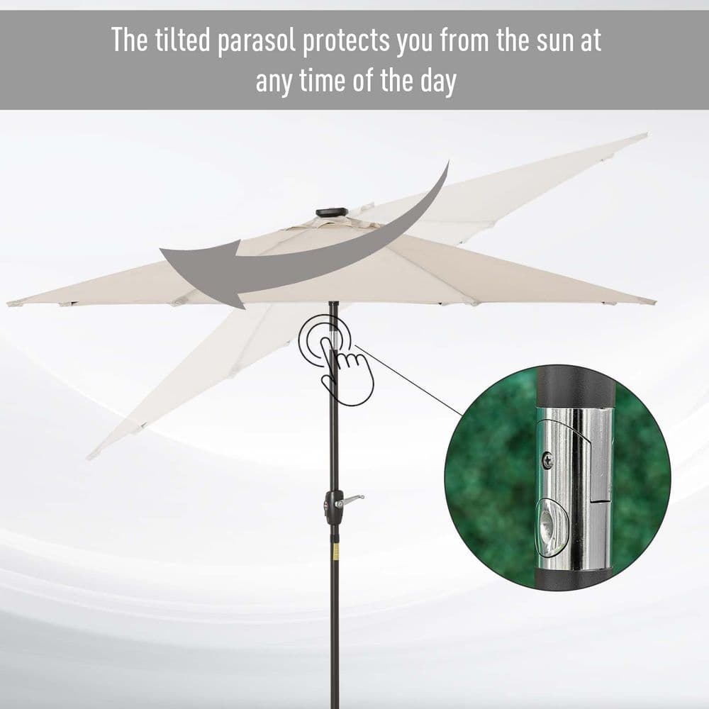 image-Garden Parasol Outdoor Tilt Sun Umbrella LED Light Hand Crank Off-white