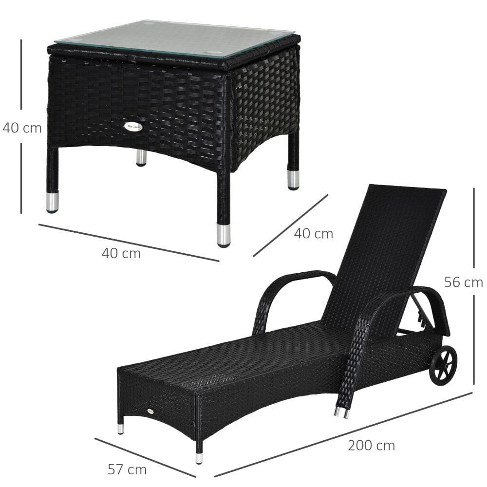 image-3 PCS Rattan Lounger Recliner Bed Garden Furniture Set w/ Side Table