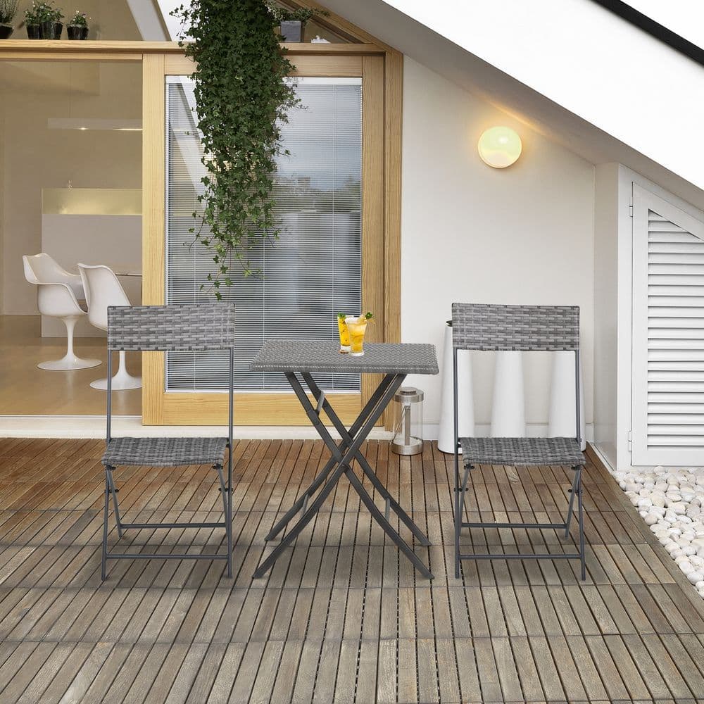image-3PC Bistro Set Rattan Furniture Garden Folding Chair Table Grey
