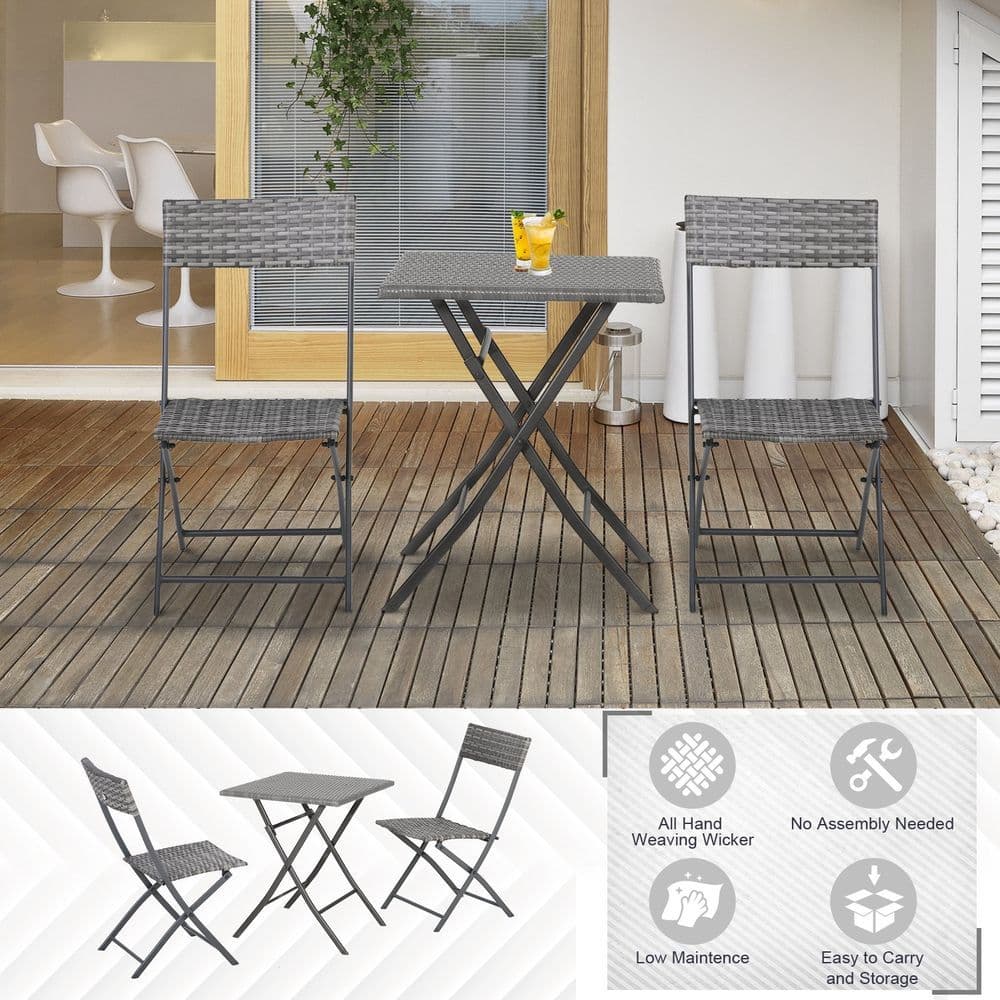image-3PC Bistro Set Rattan Furniture Garden Folding Chair Table Grey