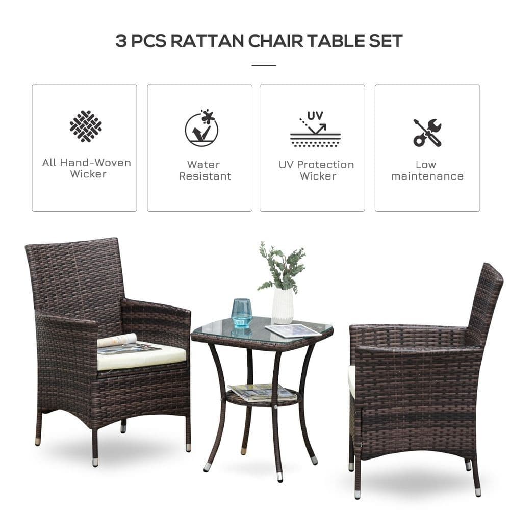 image-3 Pcs Rattan Bistro Set: 1 x Table, 2 x Chairs-Brown