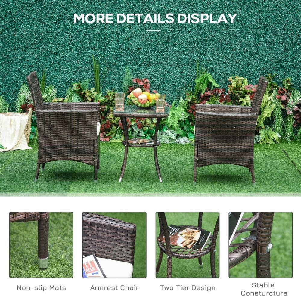 image-3 Pcs Rattan Bistro Set: 1 x Table, 2 x Chairs-Brown