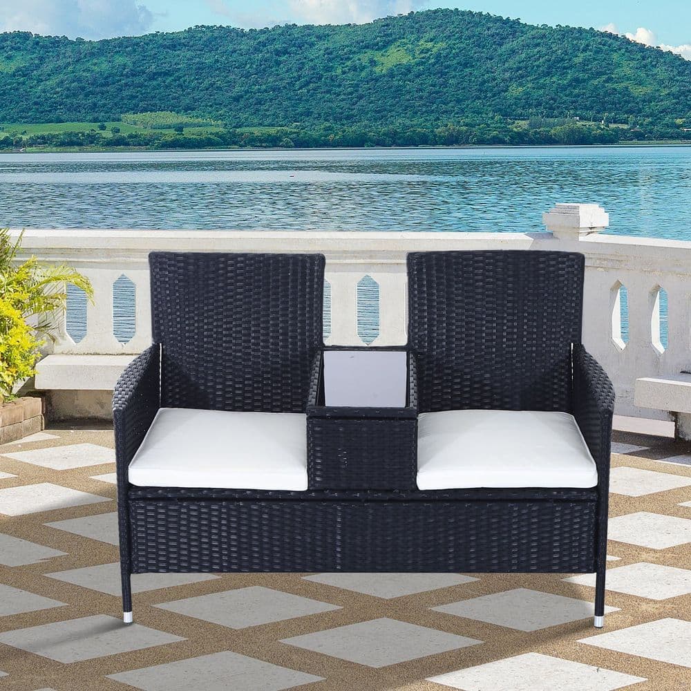 image-2-Seater PE Rattan Outdoor Garden Bench w/ Centre Table