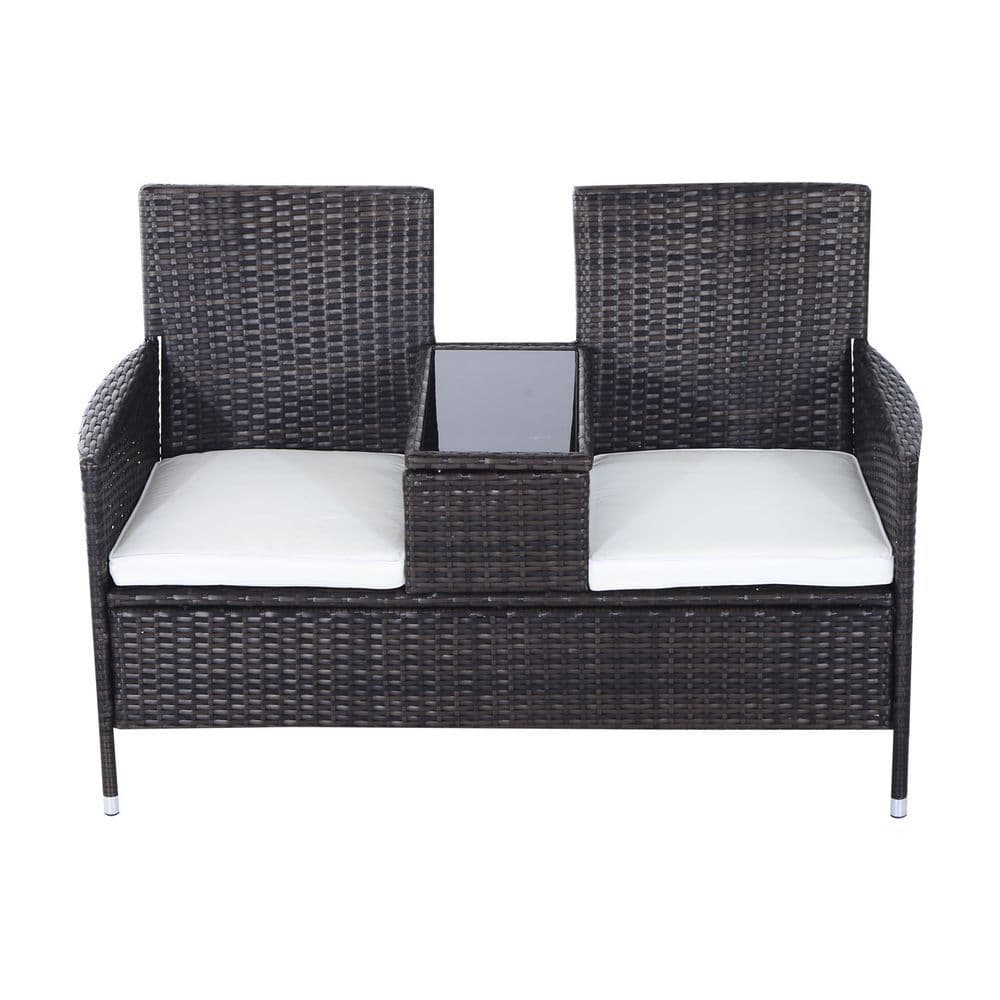 image-2-Seater PE Rattan Outdoor Garden Bench w/ Centre Table