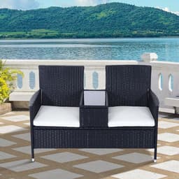 image-2-Seater PE Rattan Outdoor Garden Bench w/ Centre Table