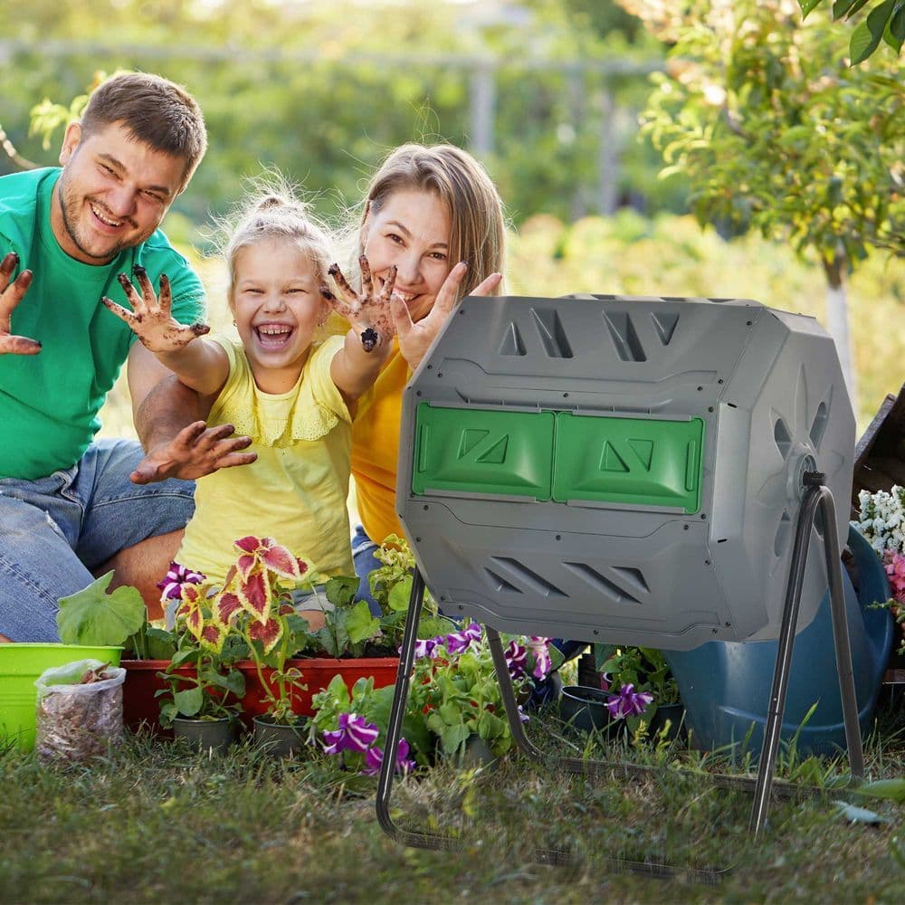 image-Tumbling Compost Bin Dual Chamber 360 Rotating Composter 160L