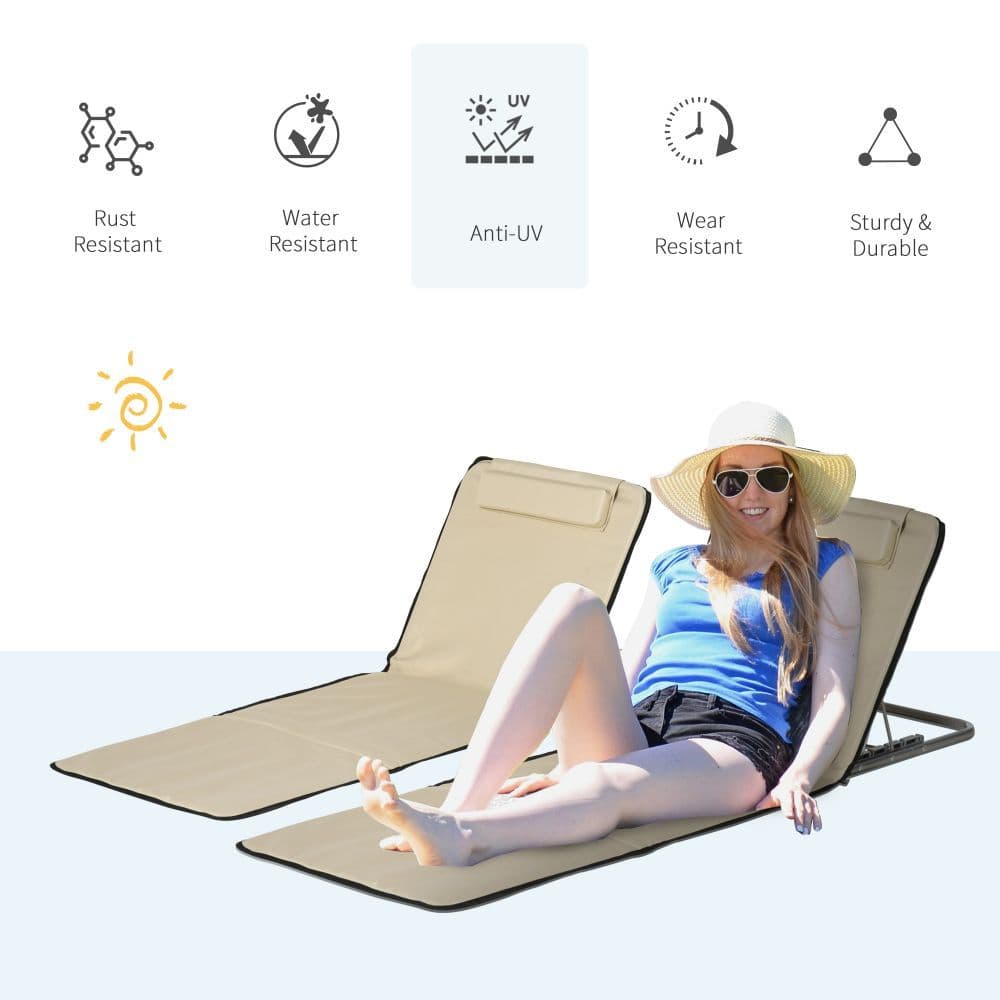 image-2 Foldable Garden Beach Chair Sun Lounger Seats Metal Frame Head Pillow, Beige