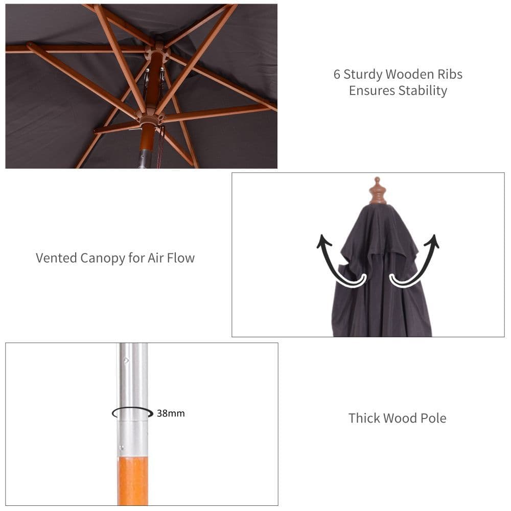 image-2m x 1.5m Tilt Mechanism Bamboo Wooden Frame Parasol Deep Grey
