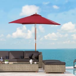 image-Wooden Patio Umbrella Market Parasol Outdoor Sunshade 6 Ribs Wine Red