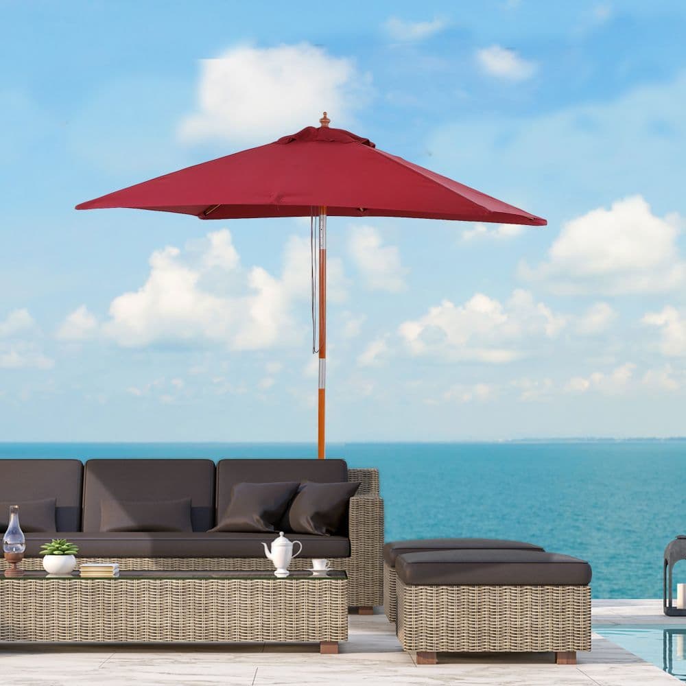 image-Wooden Patio Umbrella Market Parasol Outdoor Sunshade 6 Ribs Wine Red