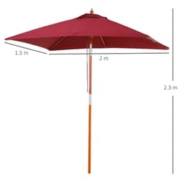 image-Wooden Patio Umbrella Market Parasol Outdoor Sunshade 6 Ribs Wine Red