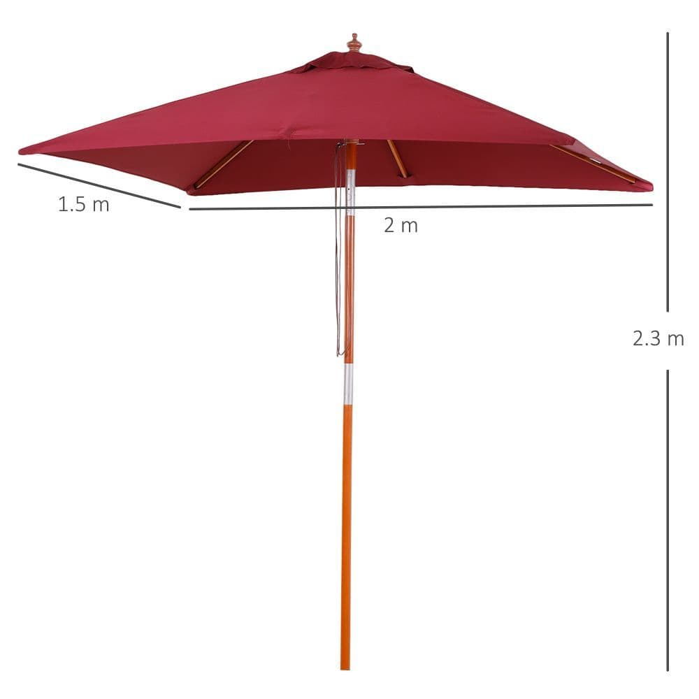 image-Wooden Patio Umbrella Market Parasol Outdoor Sunshade 6 Ribs Wine Red