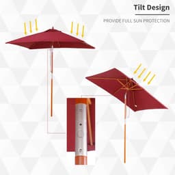 image-Wooden Patio Umbrella Market Parasol Outdoor Sunshade 6 Ribs Wine Red