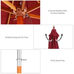 image-Wooden Patio Umbrella Market Parasol Outdoor Sunshade 6 Ribs Wine Red