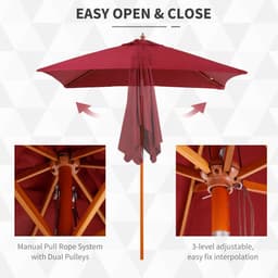 image-Wooden Patio Umbrella Market Parasol Outdoor Sunshade 6 Ribs Wine Red