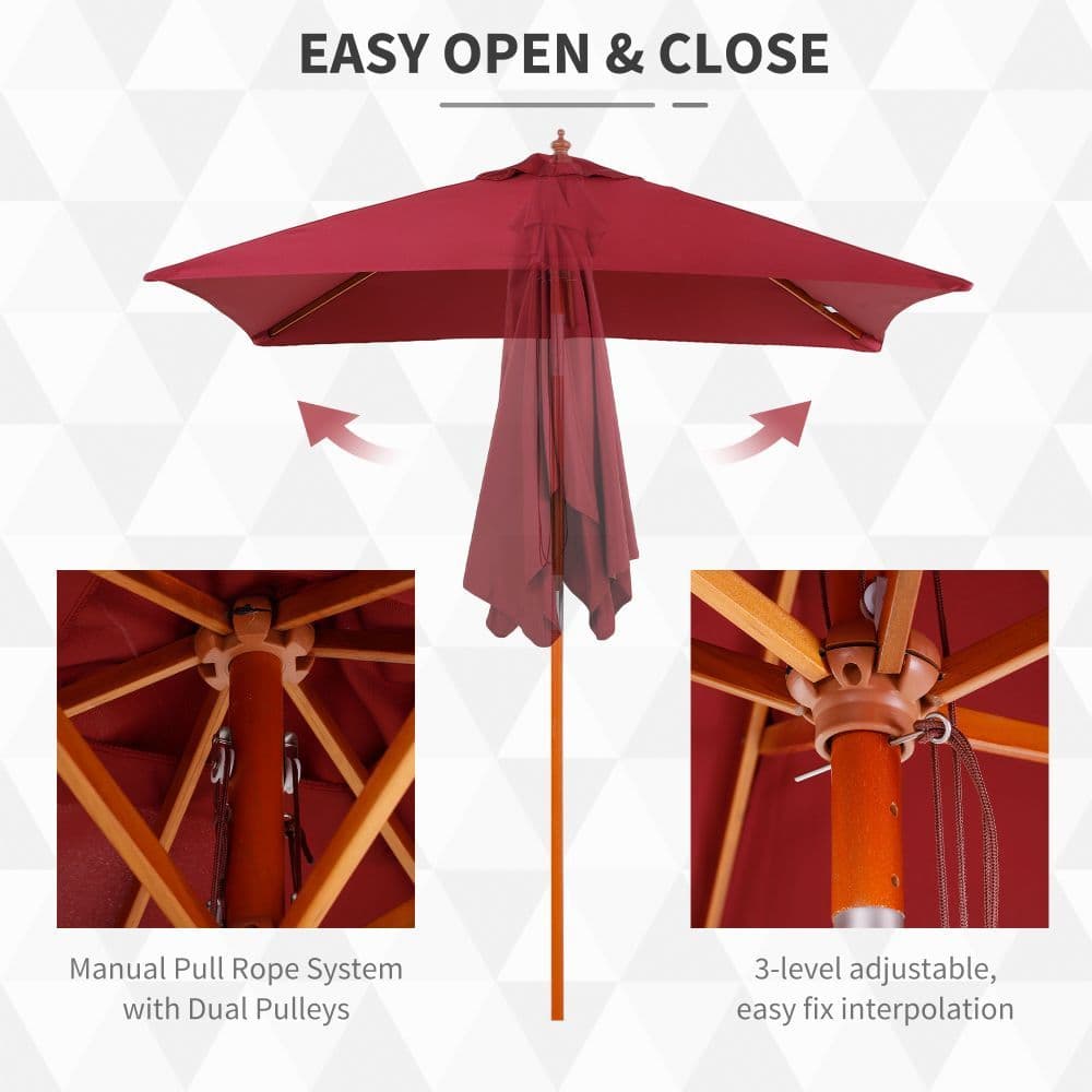 image-Wooden Patio Umbrella Market Parasol Outdoor Sunshade 6 Ribs Wine Red