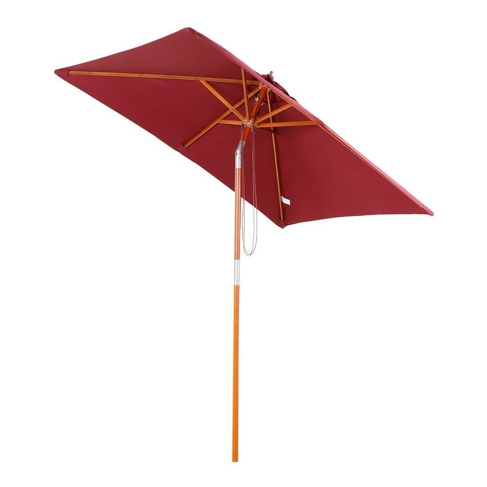 image-Wooden Patio Umbrella Market Parasol Outdoor Sunshade 6 Ribs Wine Red