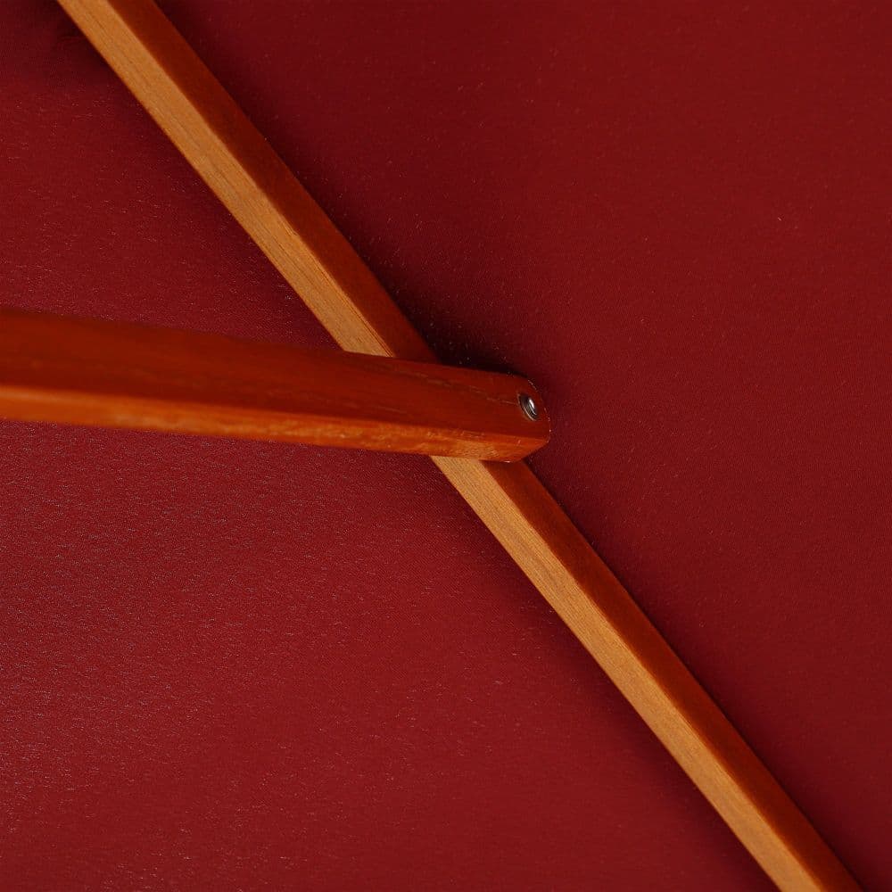 image-Wooden Patio Umbrella Market Parasol Outdoor Sunshade 6 Ribs Wine Red