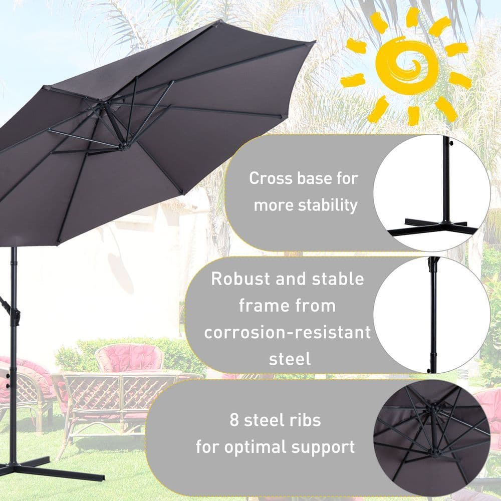 image-3mt Cantilever Umbrella Garden Banana Parasol Patio Hanging Sun Shade - Grey