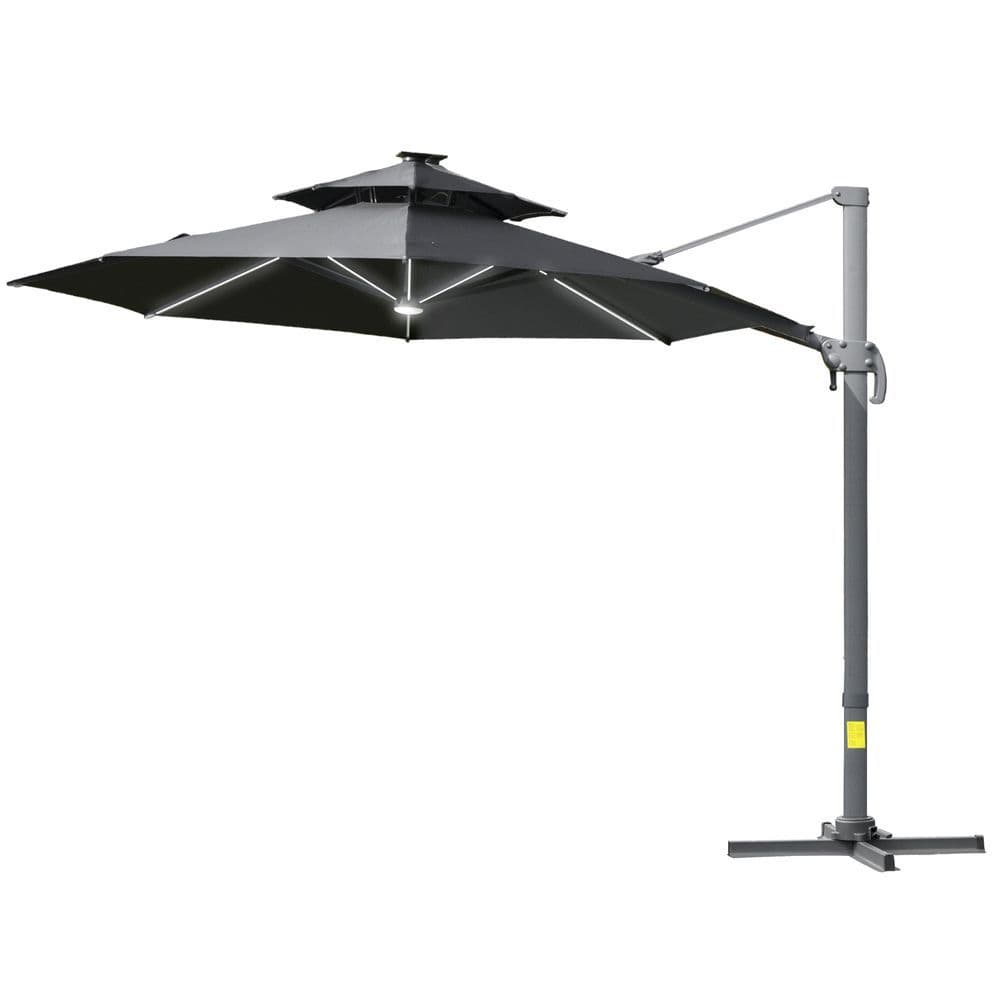 image-3m Cantilever Parasol w/ Solar Lights Power Bank Garden Umbrella 2-Tier Roof