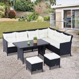 image-6PC Garden Rattan Corner Dining Sofa 7-seater Wicker Table Foot Stool - Black