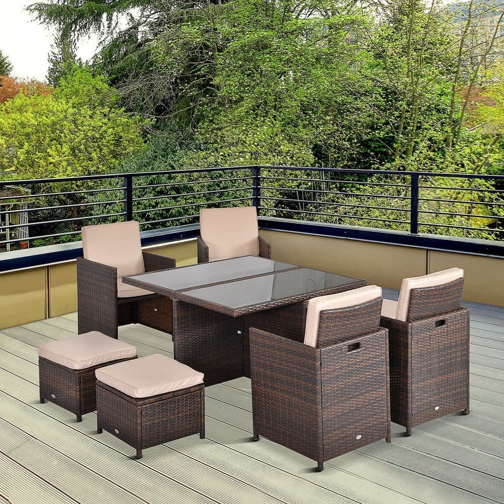 image-9PC Rattan Garden Furniture Set 8 Wicker Dining Chairs Footrest Table