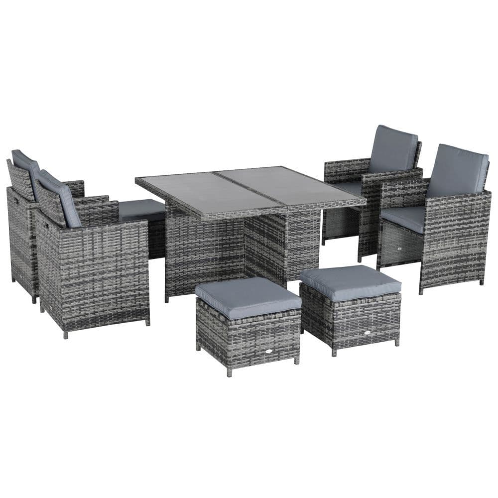 image-9PC Rattan Garden Furniture Set 8 Wicker Dining Chairs Footrest Table - Grey