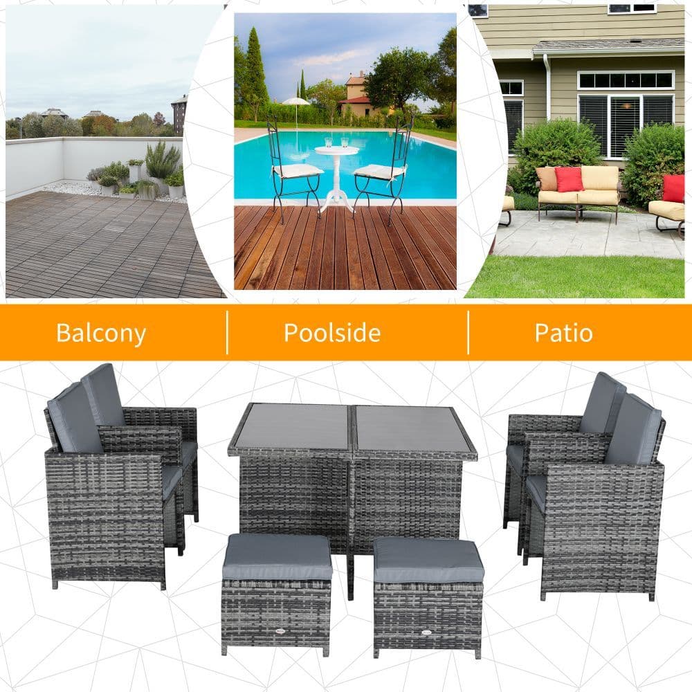 image-9PC Rattan Garden Furniture Set 8 Wicker Dining Chairs Footrest Table - Grey