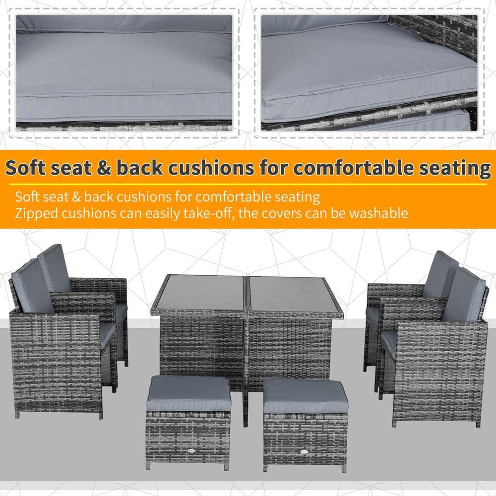image-9PC Rattan Garden Furniture Set 8 Wicker Dining Chairs Footrest Table - Grey