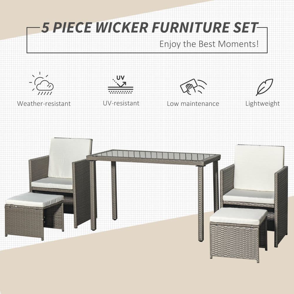 image-5 Pieces Rattan Garden Furniture Sofa Set w/ Table Chair Footrest Grey