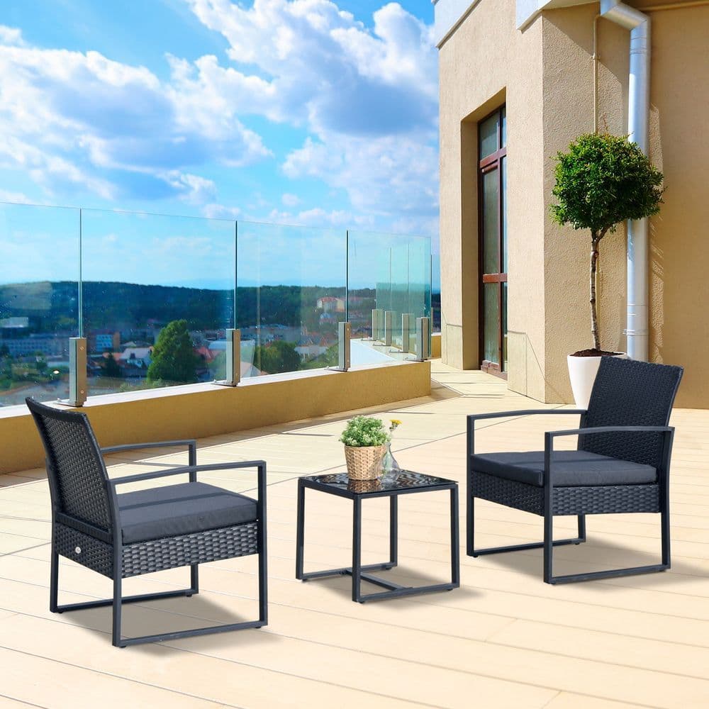 image-3 Pc Patio Rattan Coffee Set-Black