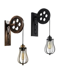 image-Retro Industrial Pulley Wheel Wall Light Fixture Metal Cage Indoor Light