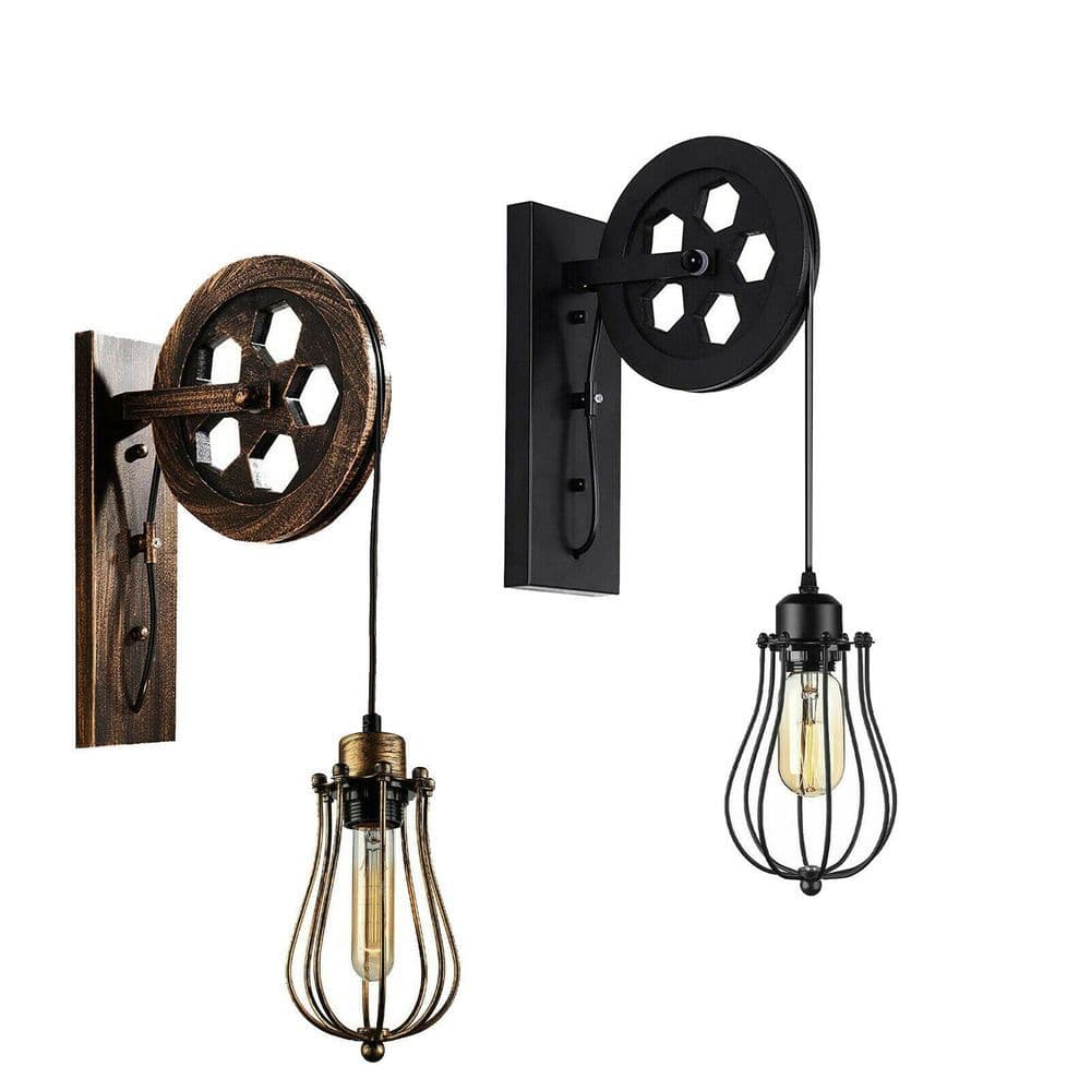 image-Retro Industrial Pulley Wheel Wall Light Fixture Metal Cage Indoor Light