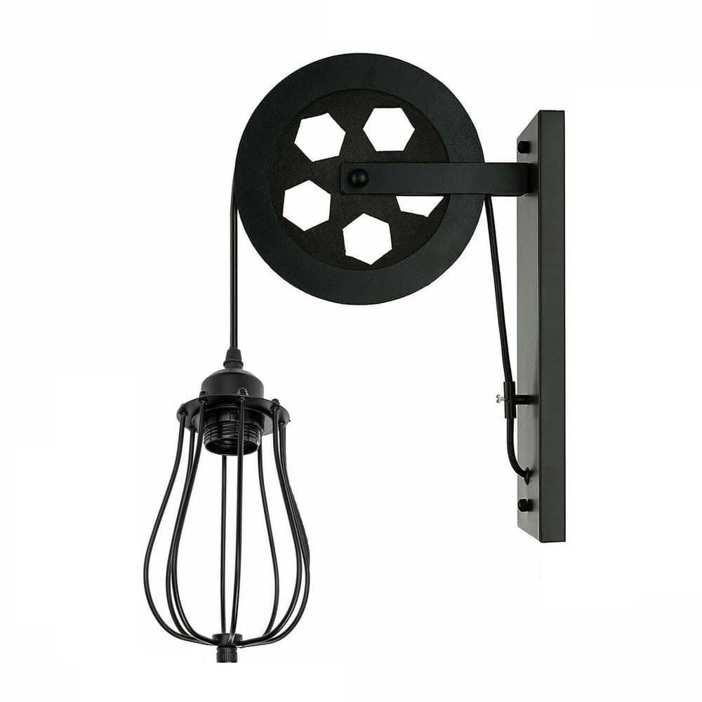 image-Retro Industrial Pulley Wheel Wall Light Fixture Metal Cage Indoor Light