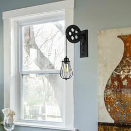 image-Retro Industrial Pulley Wheel Wall Light Fixture Metal Cage Indoor Light
