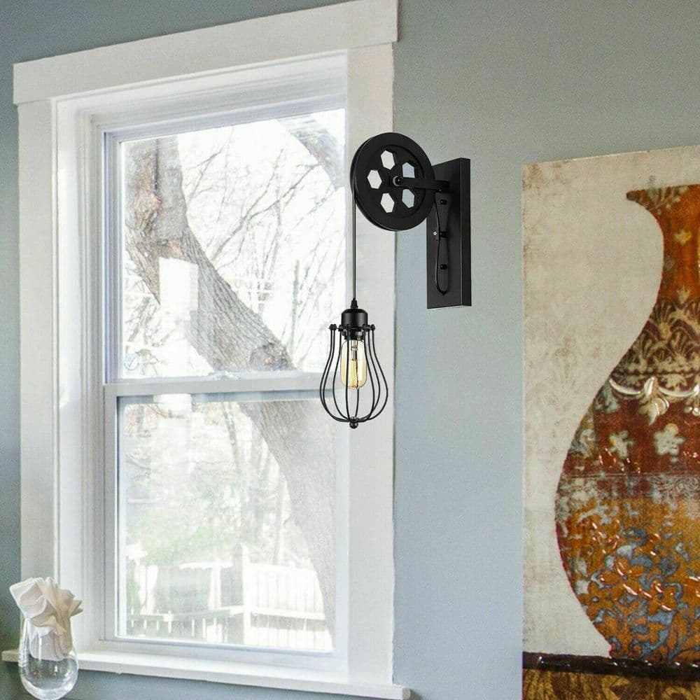 image-Retro Industrial Pulley Wheel Wall Light Fixture Metal Cage Indoor Light