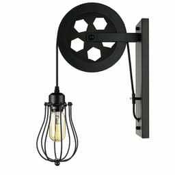 image-Retro Industrial Pulley Wheel Wall Light Fixture Metal Cage Indoor Light
